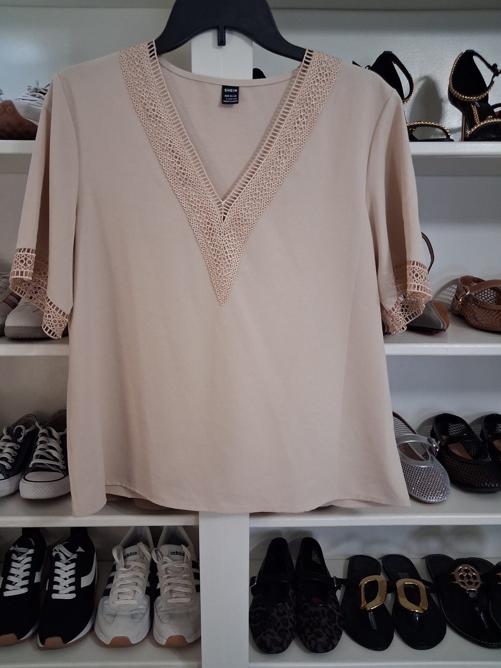 SHEIN Beige V-Neck Crochet Trim Blouse